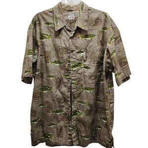 🐟Columbia River Lodge Fishing Shirt 🎣 XL Cotton Angler Print Short Sleeve🚣